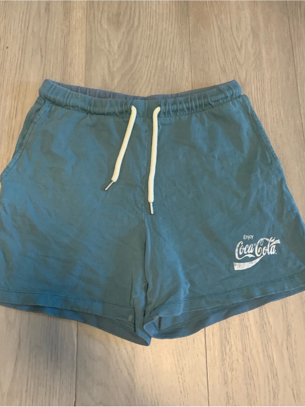 S H&M Coca Cola Teal Drawstring Athletic Shorts